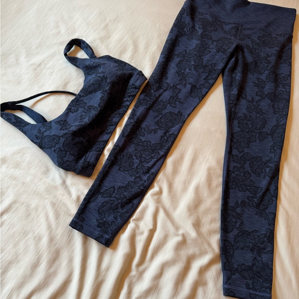 Athleta Black and Blue matching Sports Bra and leggings set